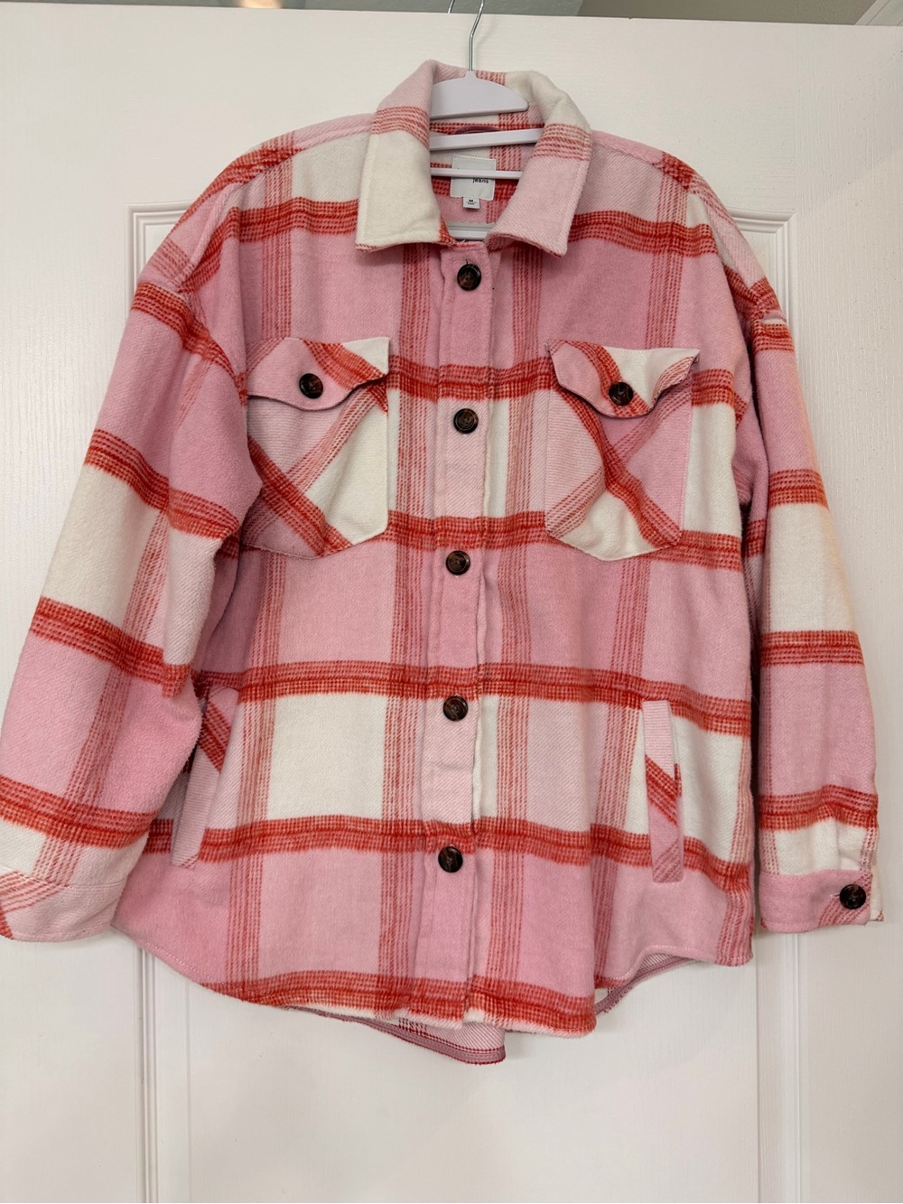 Kensie Pink and Red Plaid Button-Up Shacket